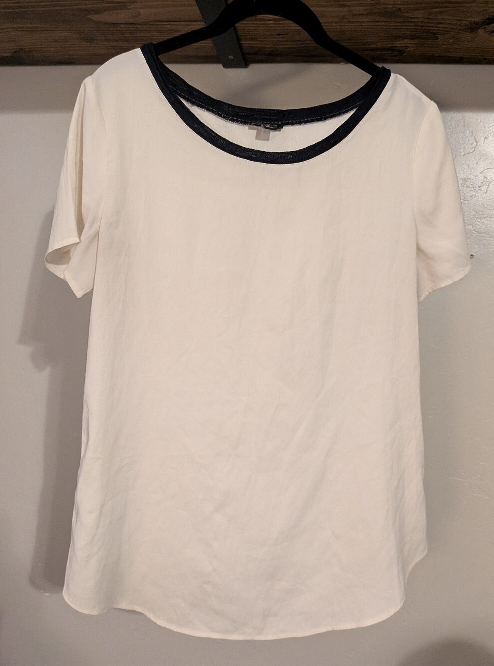 Ann Taylor Classic Off White Silk Short-Sleeve Top with Navy Trim